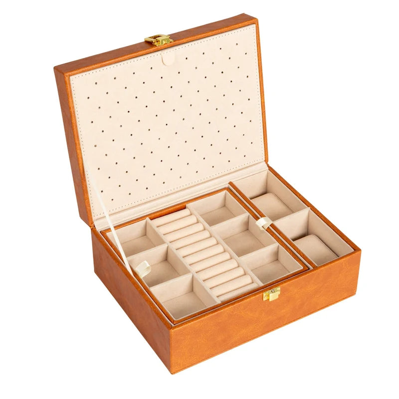 Household Essentials Vegan Leather 2-Layer Jewelry Organizer Box with Clasp Closure - 9.3 L x 7.3 W x 3.8 H