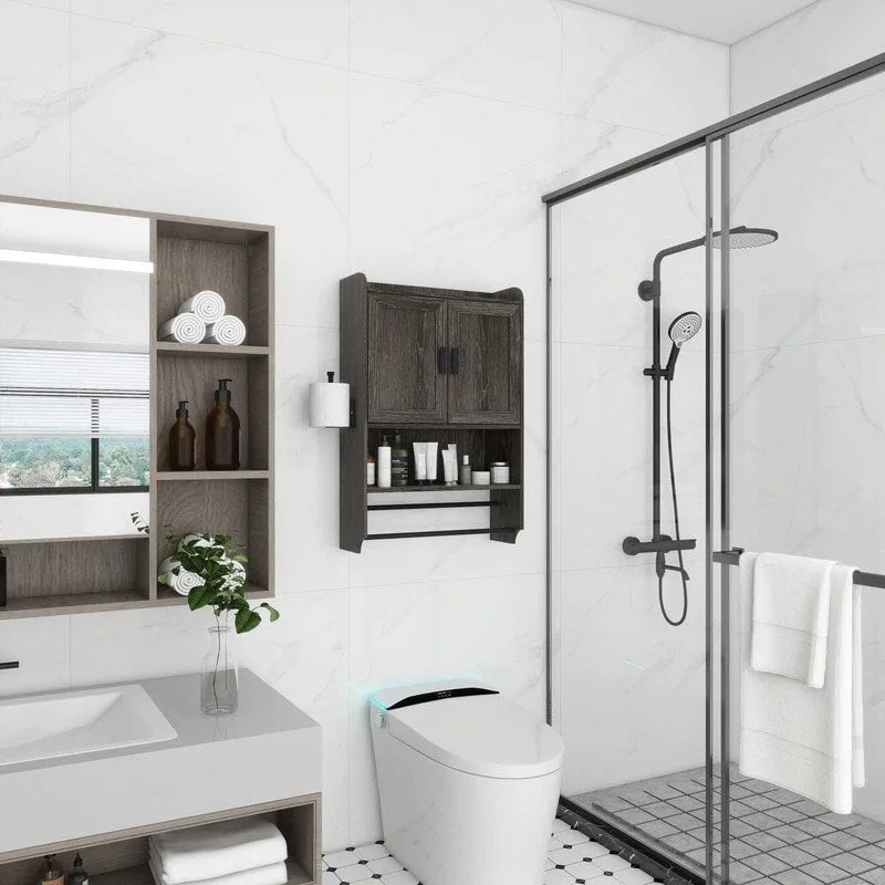 Bathroom Wall Cabinet with Adjustable Shelf, Towel Bar, and Paper Holder