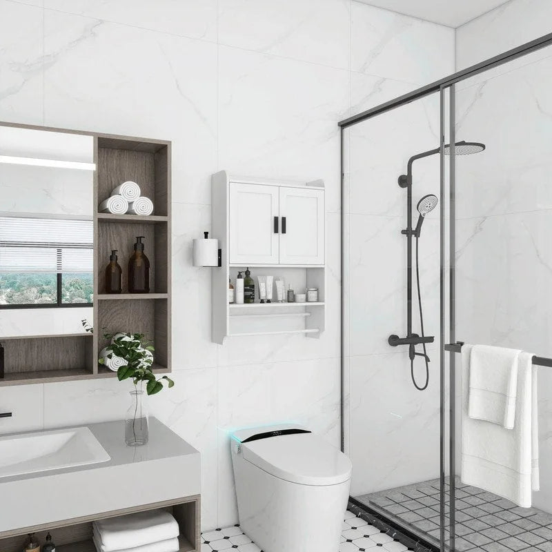 Bathroom Wall Cabinet with Adjustable Shelf, Towel Bar, and Paper Holder