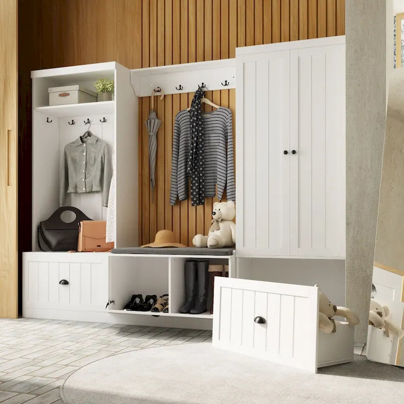Combo Hall Tree Storage Bench Entryway Shelf Coat Rack Cloest Armoire