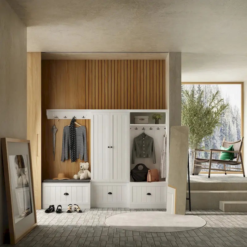 Combo Hall Tree Storage Bench Entryway Shelf Coat Rack Cloest Armoire