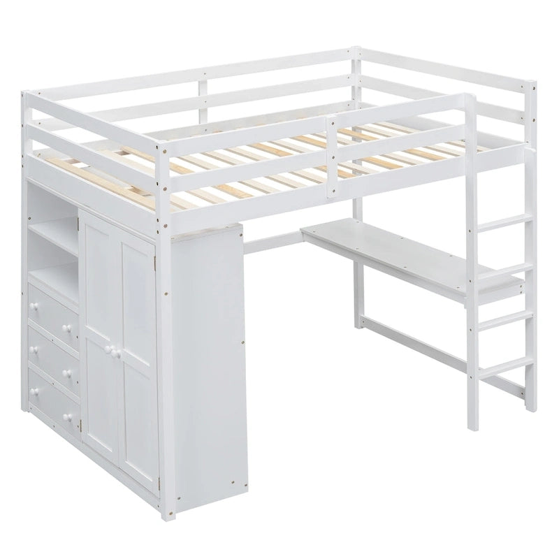 Wood Full Size Loft Bed with Built-in Wardrobe, Desk, Storage Shelves and Drawers, Gray
