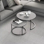 Nesting Coffee Table Black Metal Frame with Round Sintered Stone Top - 31.5x17.7 inch