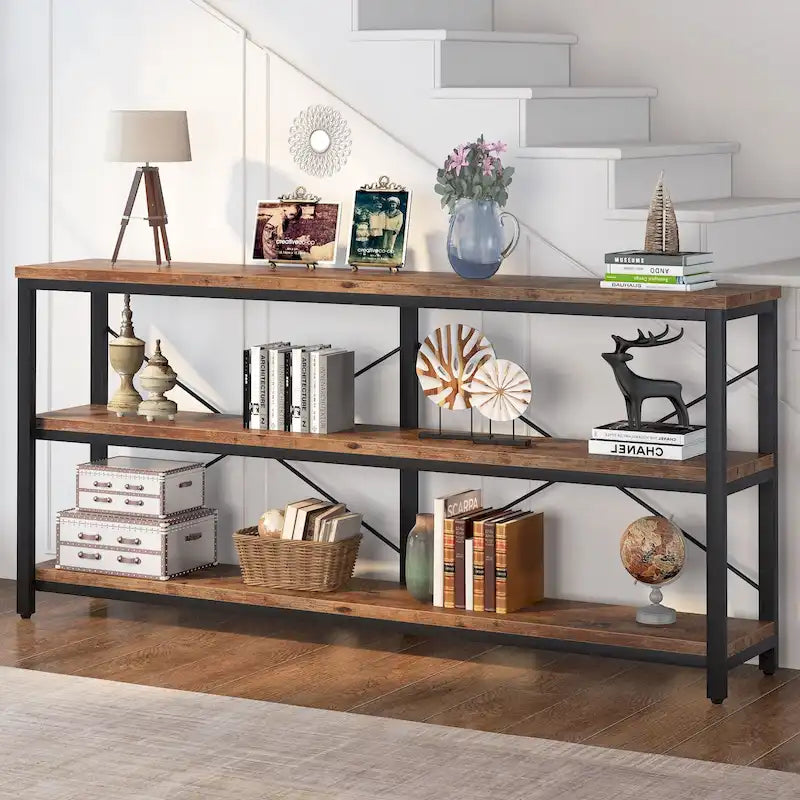 Extra Long Console Sofa Table with Metal Frame for Entrance, 3 Tiers TV Stand