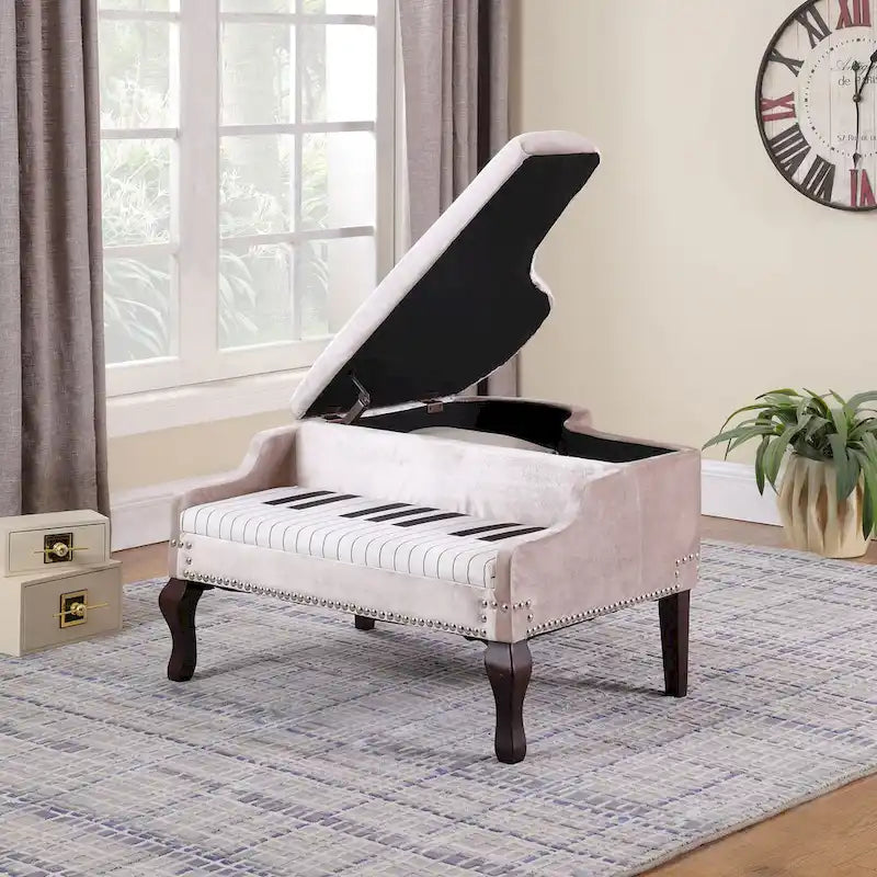 21 In. Beige Piano Upholstered Nailhead Living Room Ottoman