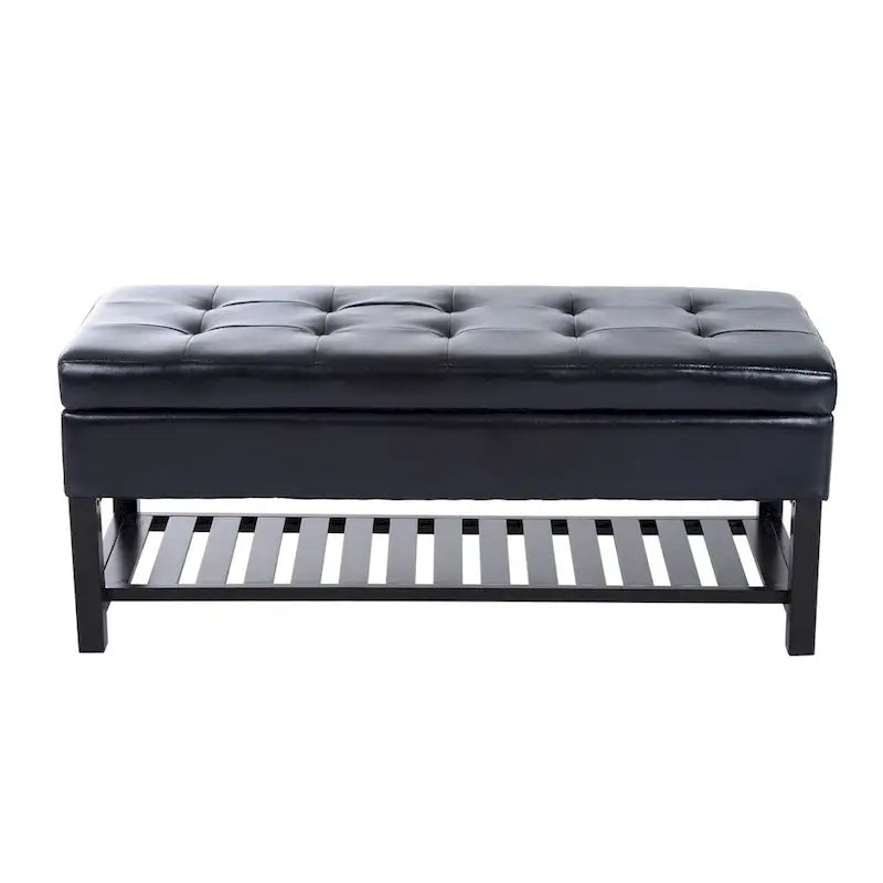 Porch & Den Westfield 44-inch Black PU Leather Tufted Shoe Rack Ottoman Storage Bench