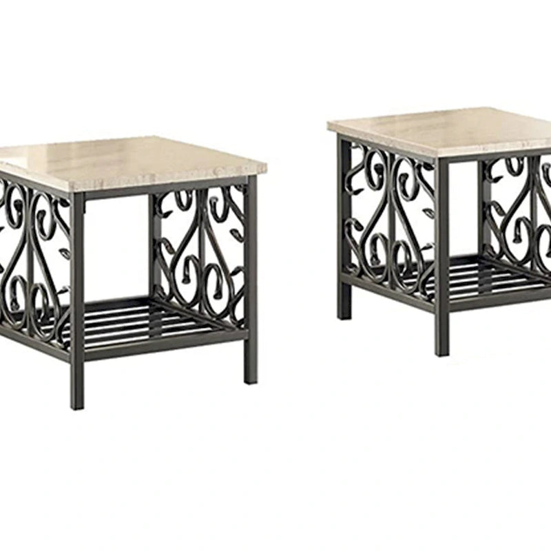 3 Piece Faux Marble Top Table Set With Decorative Metal Frame, Cream & Gray