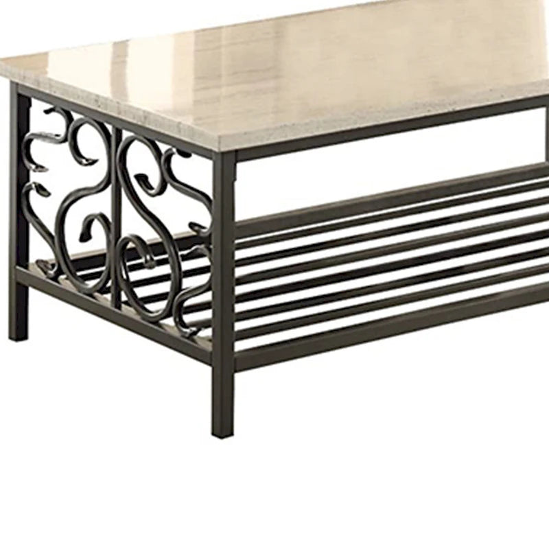3 Piece Faux Marble Top Table Set With Decorative Metal Frame, Cream & Gray