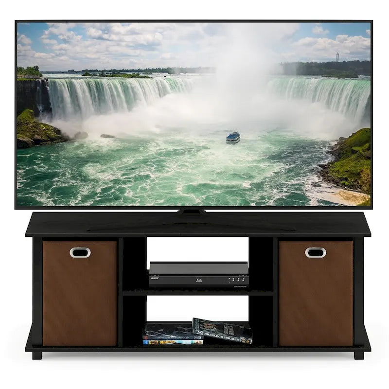 Porch & Den Tompkins Black MDF Entertainment Center with Storage Bins