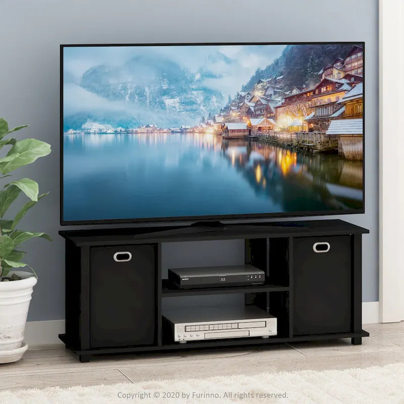 Porch & Den Tompkins Black MDF Entertainment Center with Storage Bins