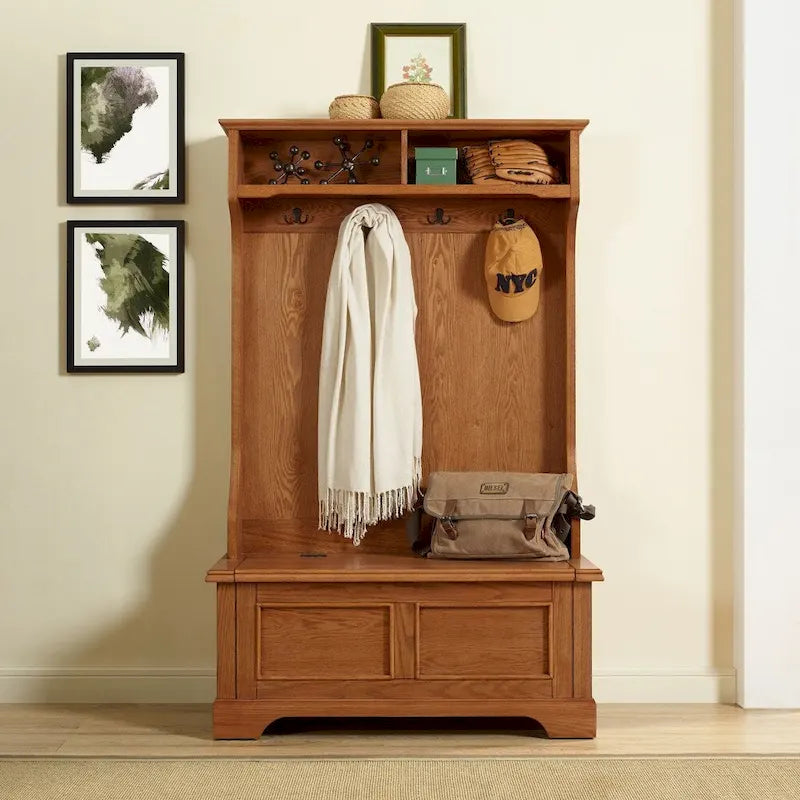 Campbell Hall Tree in Oak Finish - 40 W x 18.5 D x 64.25 H
