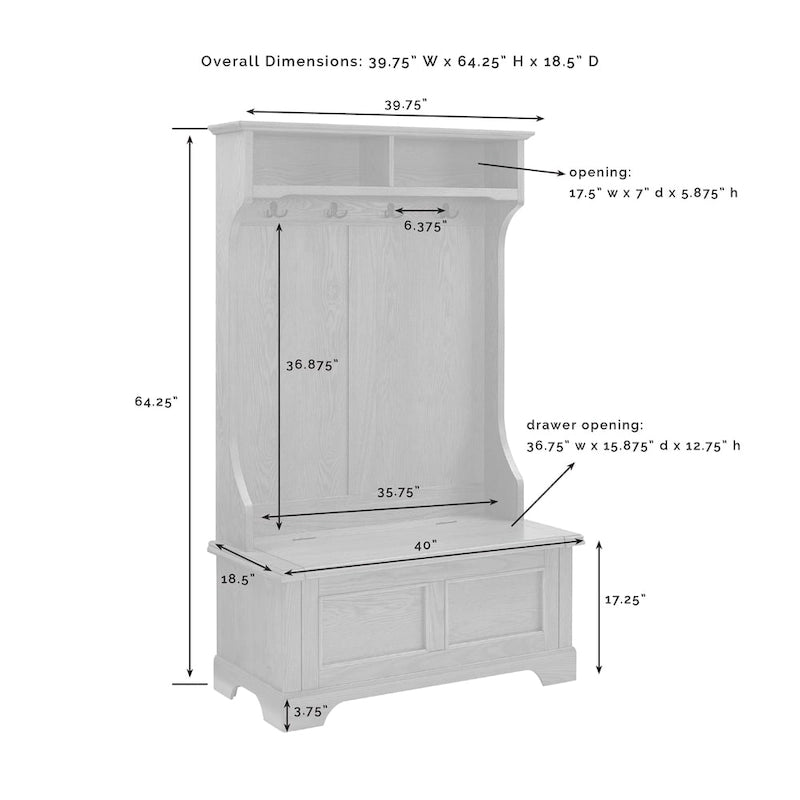 Campbell Hall Tree in Oak Finish - 40 W x 18.5 D x 64.25 H