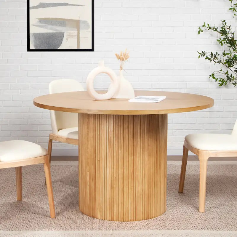 Round Fluted Pedestal Dining Table for 2-6 People - Black/Natural Oak