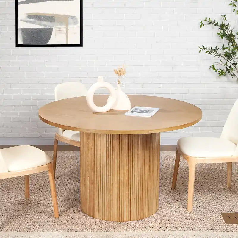 Round Fluted Pedestal Dining Table for 2-6 People - Black/Natural Oak