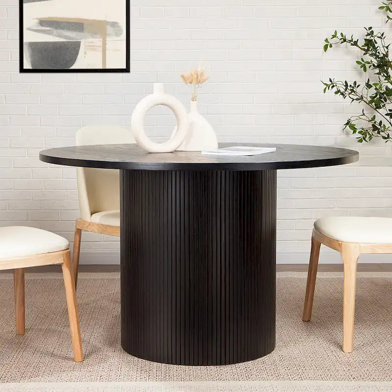 Round Fluted Pedestal Dining Table for 2-6 People - Black/Natural Oak