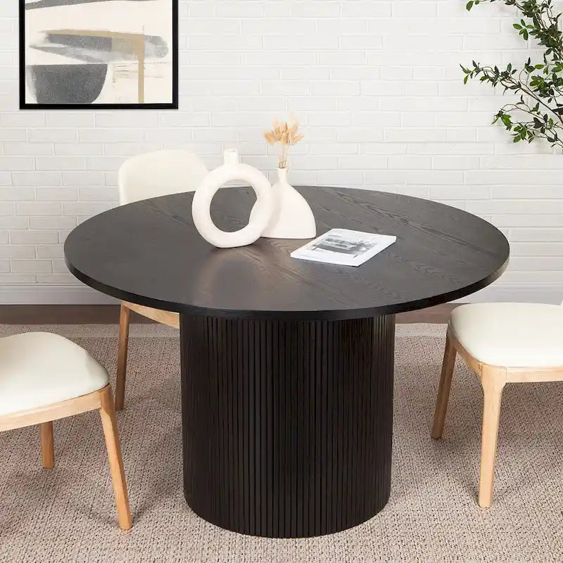Round Fluted Pedestal Dining Table for 2-6 People - Black/Natural Oak