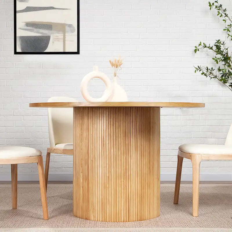 Round Fluted Pedestal Dining Table for 2-6 People - Black/Natural Oak