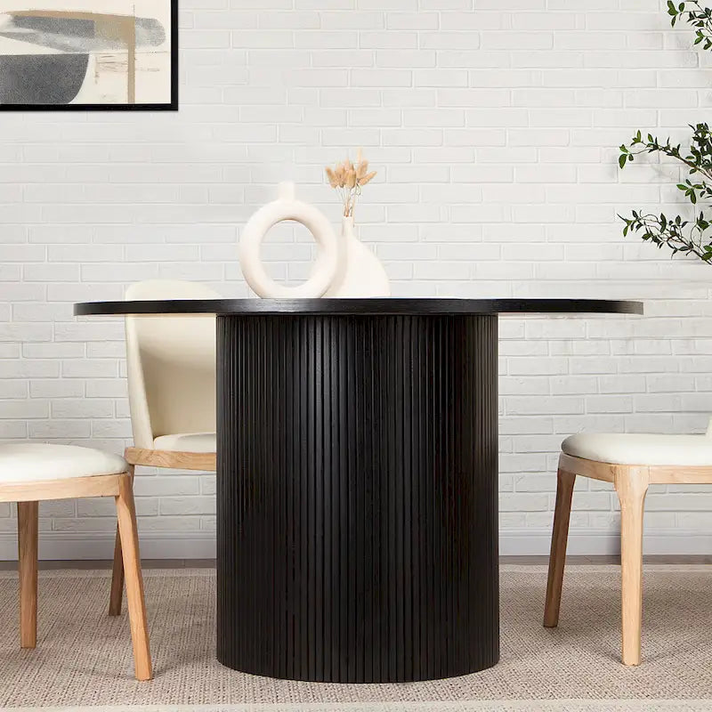 Round Fluted Pedestal Dining Table for 2-6 People - Black/Natural Oak