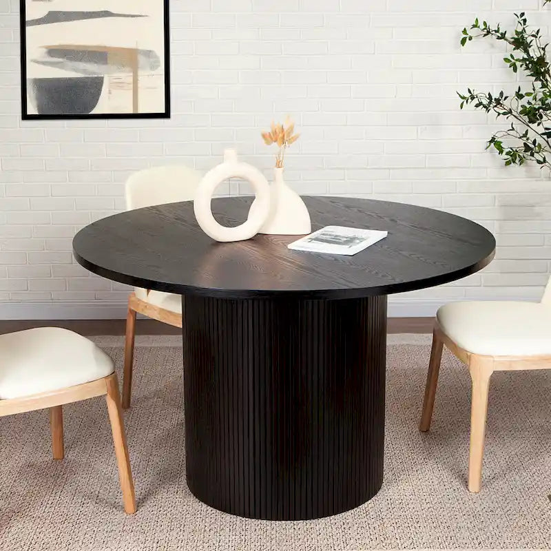 Round Fluted Pedestal Dining Table for 2-6 People - Black/Natural Oak