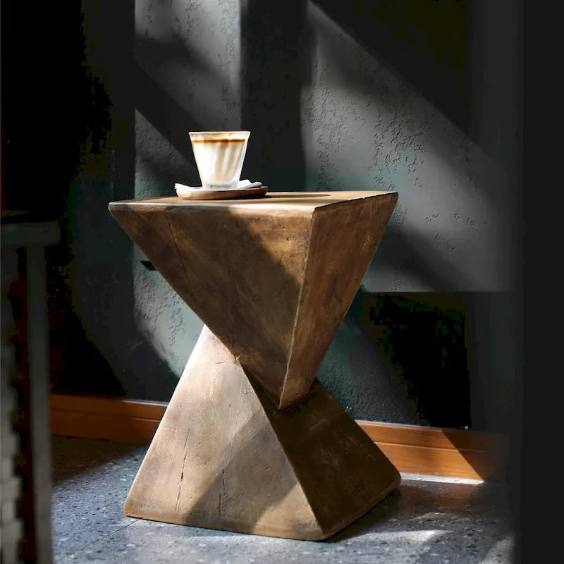 Natural Wood Geometric Concrete Side Table for 1 Person