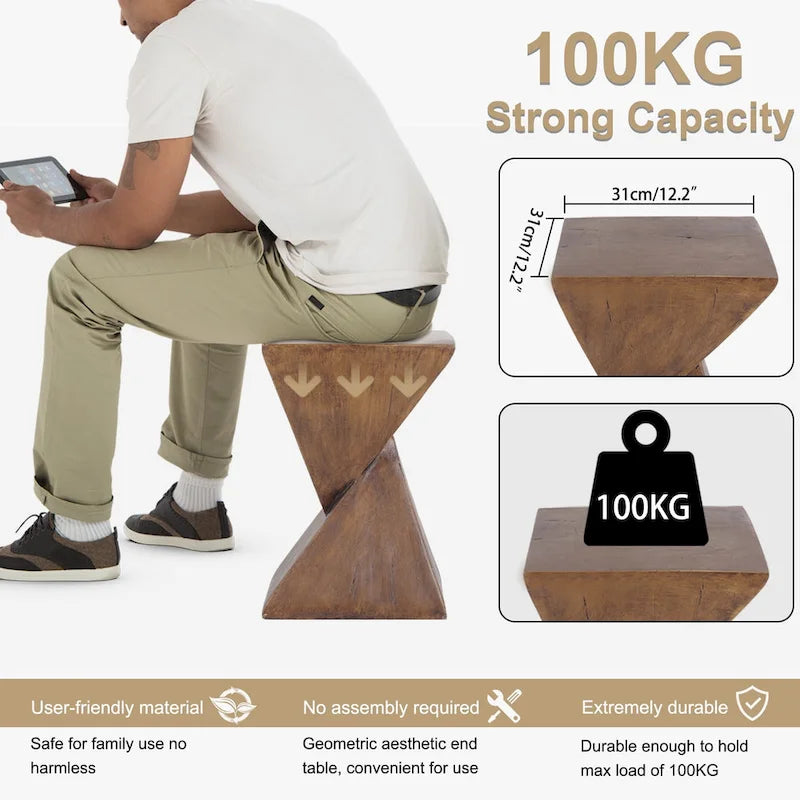 Natural Wood Geometric Concrete Side Table for 1 Person