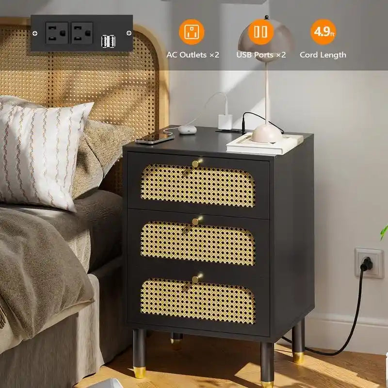 Rattan Nightstand with 3 Drawers