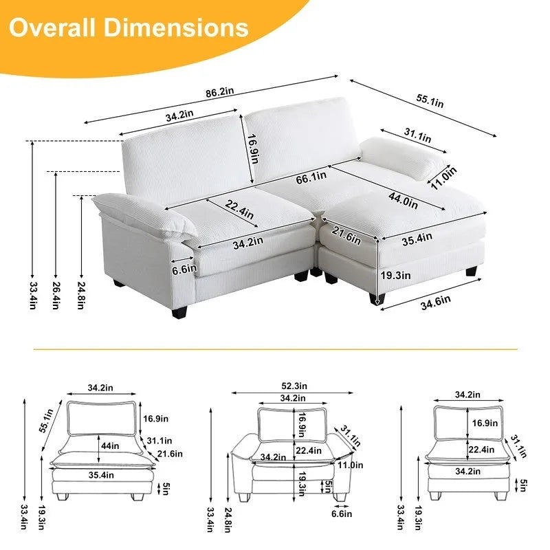 217*141*85 Chenille Two-Seater With Footstool Double Bag Indoor Double Sofa - 2+1