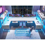 Reversible Computer Desk L Shaped Gaming Desk with Hutch LED Light
