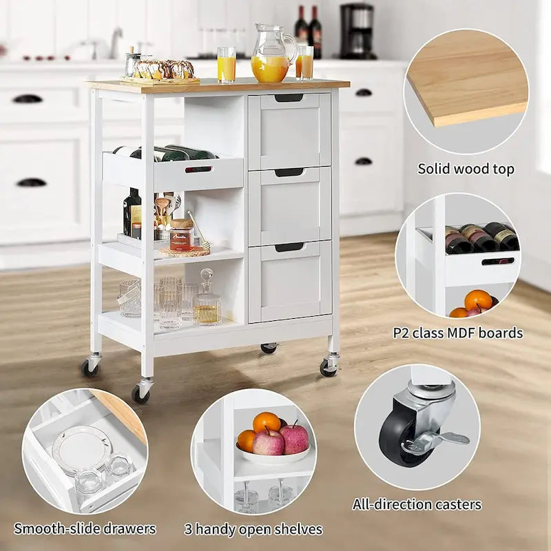 Kleio Solid Wood Top Kitchen Island Storage Cart with 3 Drawers Rolling Serving Trolley Cart