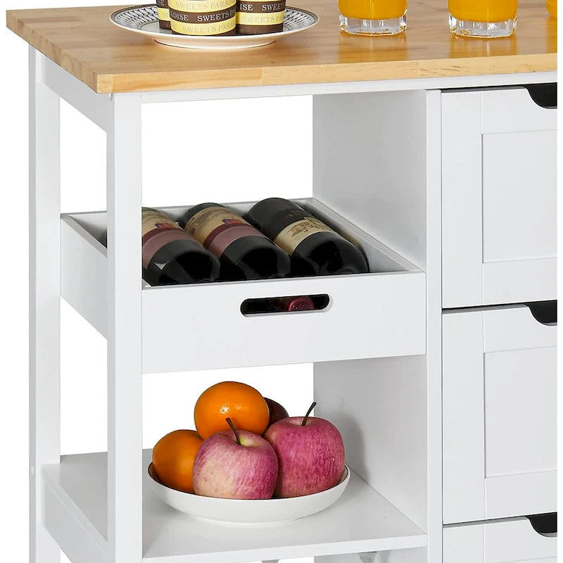Kleio Solid Wood Top Kitchen Island Storage Cart with 3 Drawers Rolling Serving Trolley Cart