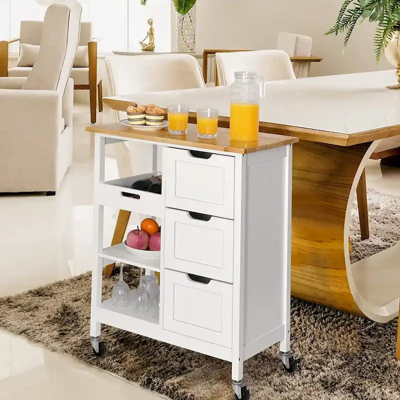 Kleio Solid Wood Top Kitchen Island Storage Cart with 3 Drawers Rolling Serving Trolley Cart