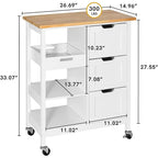 Kleio Solid Wood Top Kitchen Island Storage Cart with 3 Drawers Rolling Serving Trolley Cart
