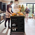 Kleio Solid Wood Top Kitchen Island Storage Cart with 3 Drawers Rolling Serving Trolley Cart