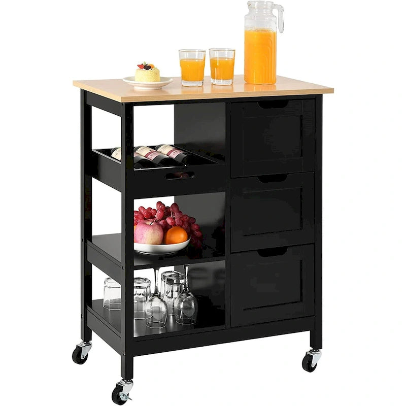 Kleio Solid Wood Top Kitchen Island Storage Cart with 3 Drawers Rolling Serving Trolley Cart