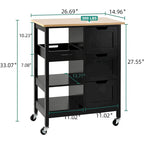 Kleio Solid Wood Top Kitchen Island Storage Cart with 3 Drawers Rolling Serving Trolley Cart