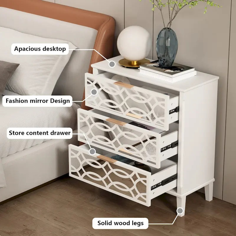 26H End Table of Drawers Mirrored Lacquered Dresser Chest White/Gold