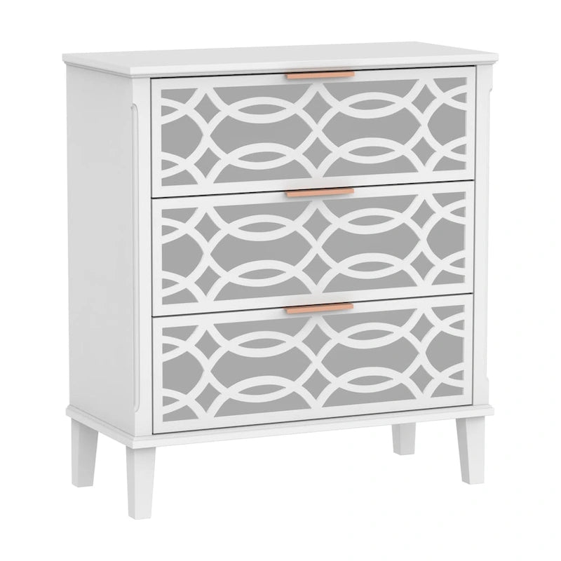 26H End Table of Drawers Mirrored Lacquered Dresser Chest White/Gold