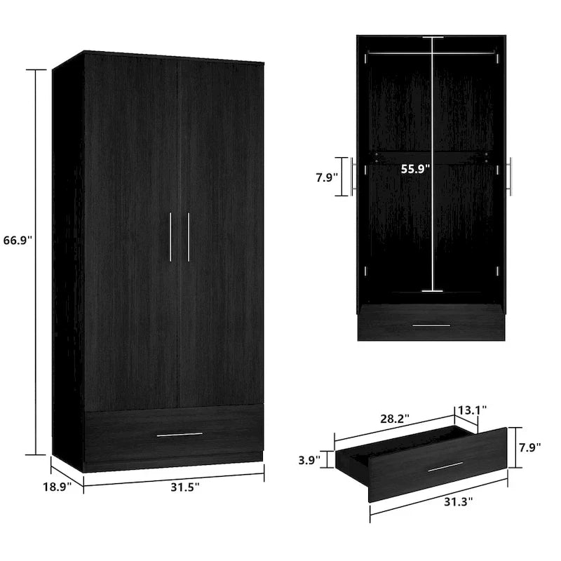 31.5 W x 66.9 H Wardrobe Armoire Cloest with Drawer In Black,White