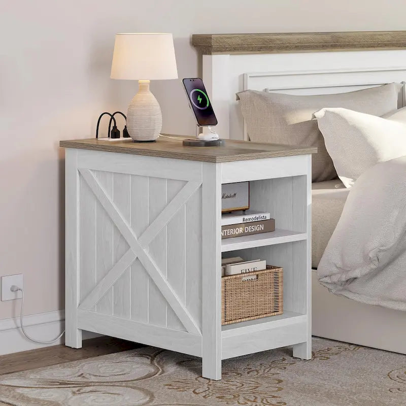 Moasis End Table with Charging Station, Side Table with Storage, 2 Power outlets & 2 USB Ports for Living Room
