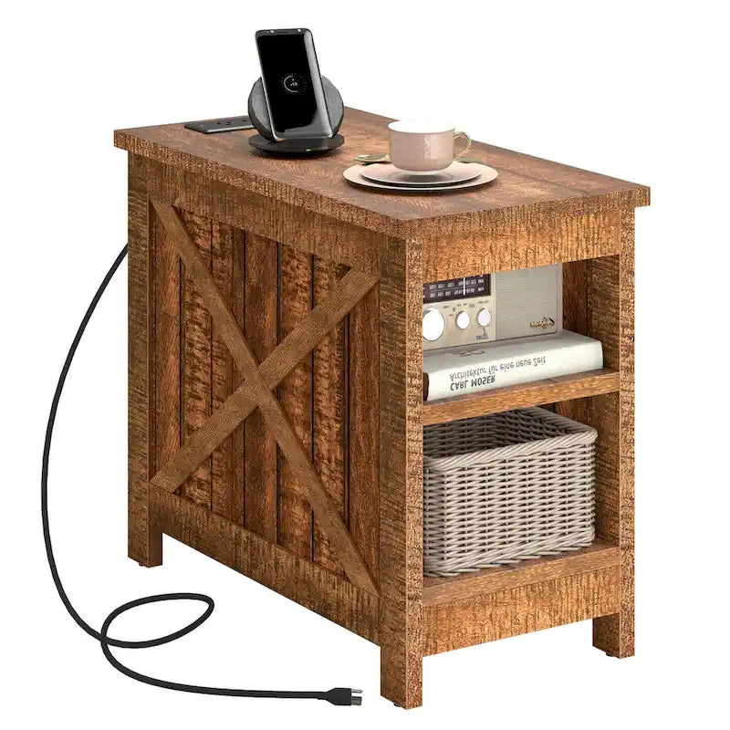 Moasis End Table with Charging Station, Side Table with Storage, 2 Power outlets & 2 USB Ports for Living Room