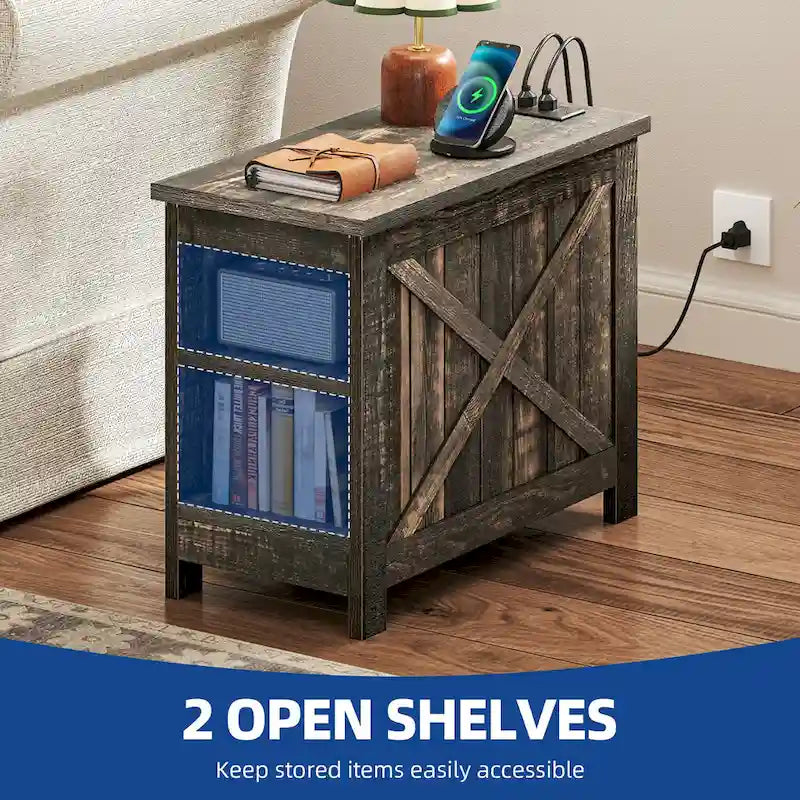 Moasis End Table with Charging Station, Side Table with Storage, 2 Power outlets & 2 USB Ports for Living Room
