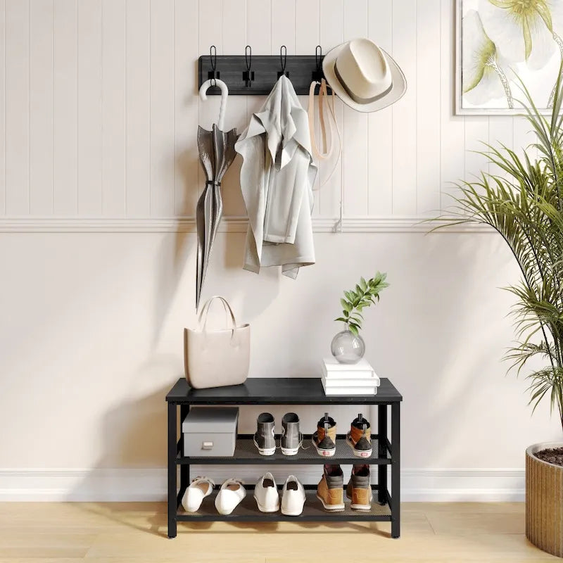 3-Tier Entryway Bench with Mesh Metal Shoe Storage Shelves
