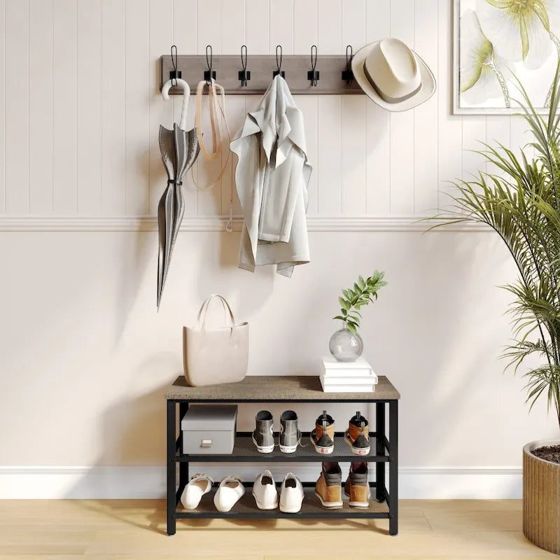 3-Tier Entryway Bench with Mesh Metal Shoe Storage Shelves