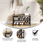 3-Tier Entryway Bench with Mesh Metal Shoe Storage Shelves