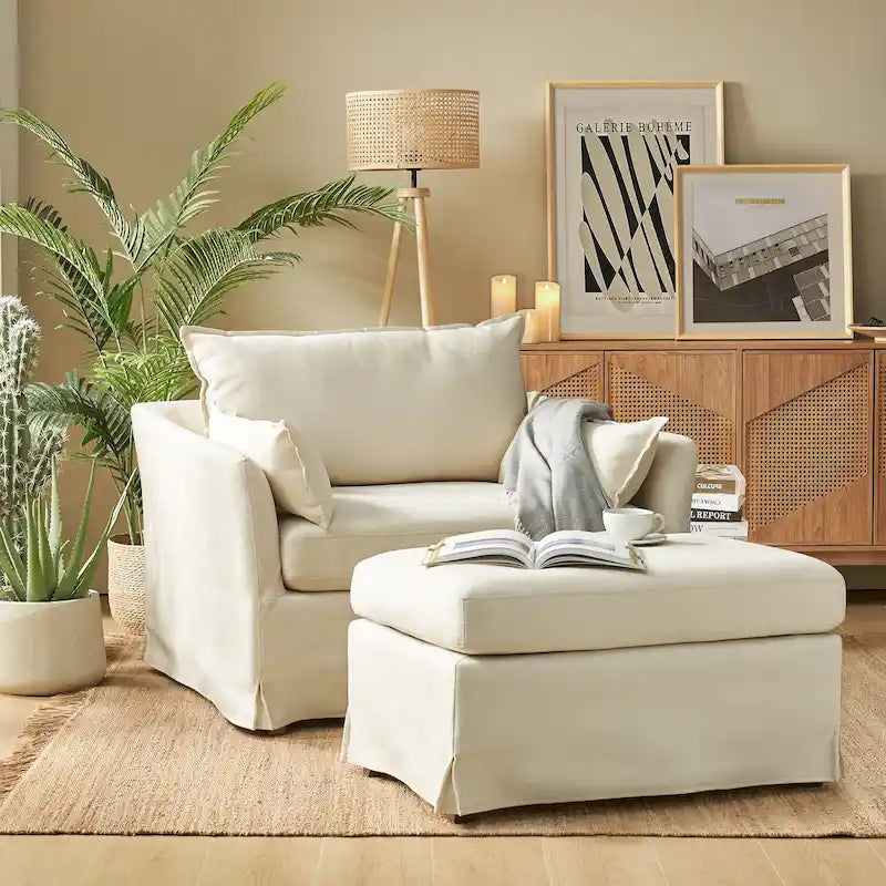 Sophie Modern Oversized Slipcovered Armchair and Ottoman with Lockable Rear Wheels by HULALA HOME