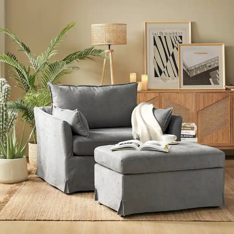 Sophie Modern Oversized Slipcovered Armchair and Ottoman with Lockable Rear Wheels by HULALA HOME