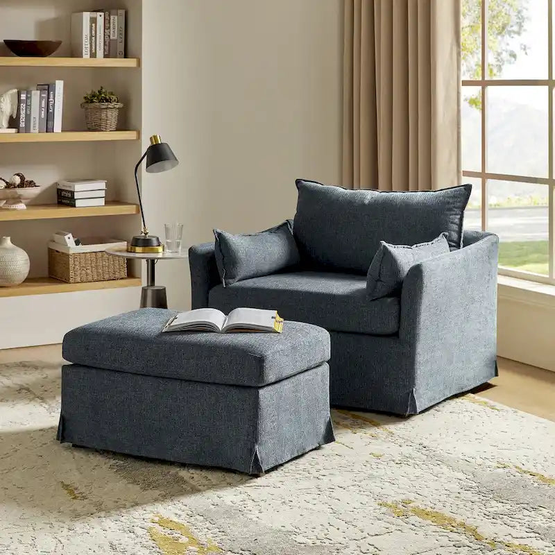 Sophie Modern Oversized Slipcovered Armchair and Ottoman with Lockable Rear Wheels by HULALA HOME