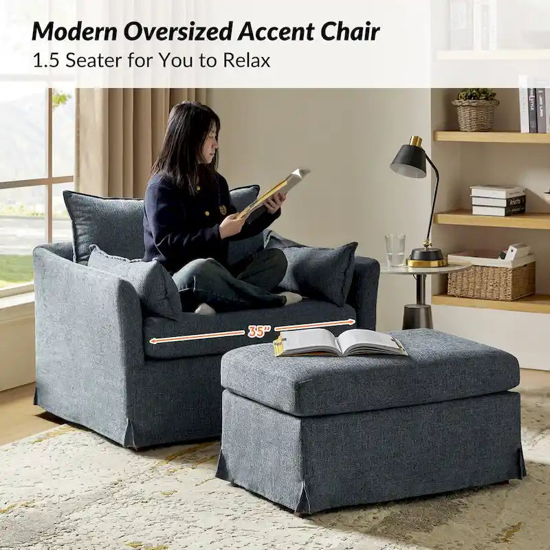 Sophie Modern Oversized Slipcovered Armchair and Ottoman with Lockable Rear Wheels by HULALA HOME