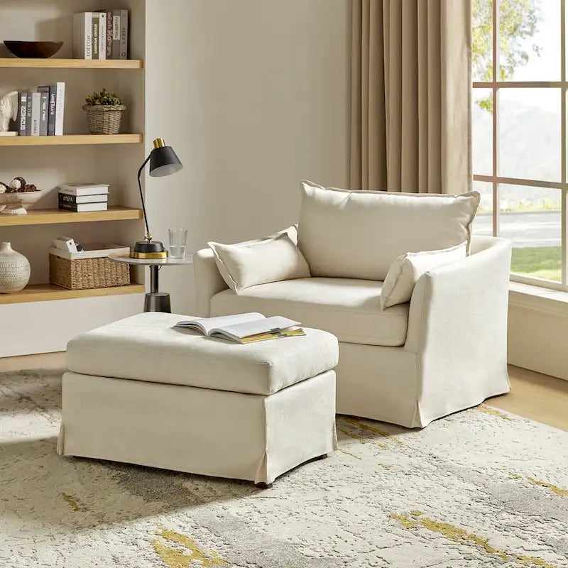 Sophie Modern Oversized Slipcovered Armchair and Ottoman with Lockable Rear Wheels by HULALA HOME