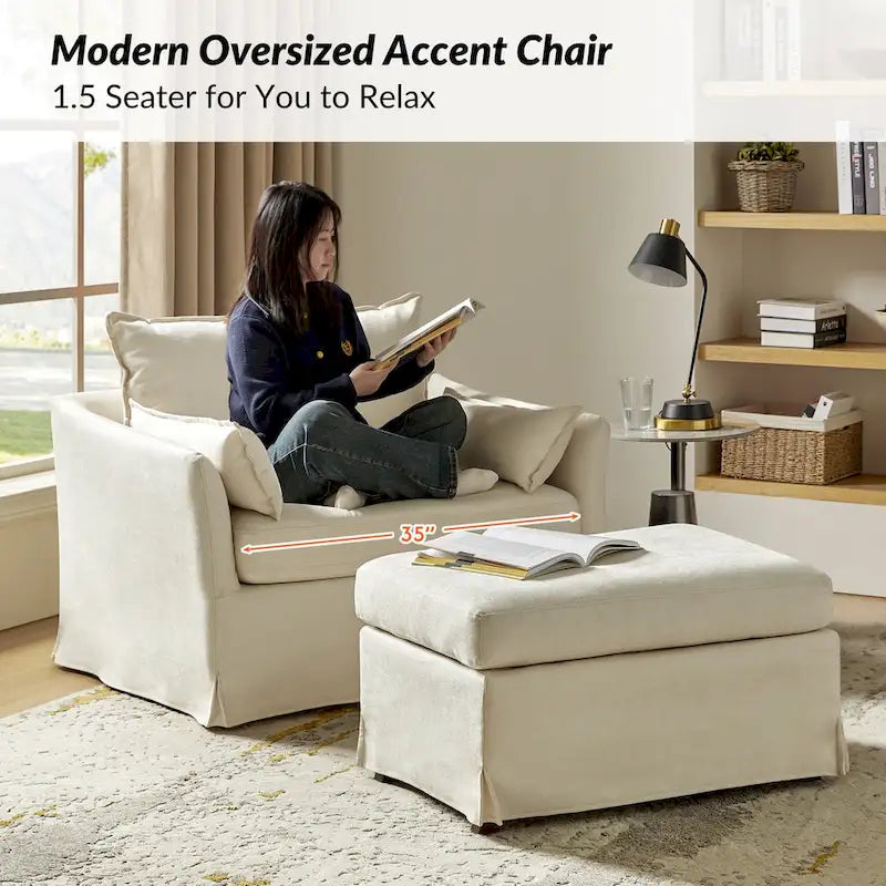 Sophie Modern Oversized Slipcovered Armchair and Ottoman with Lockable Rear Wheels by HULALA HOME